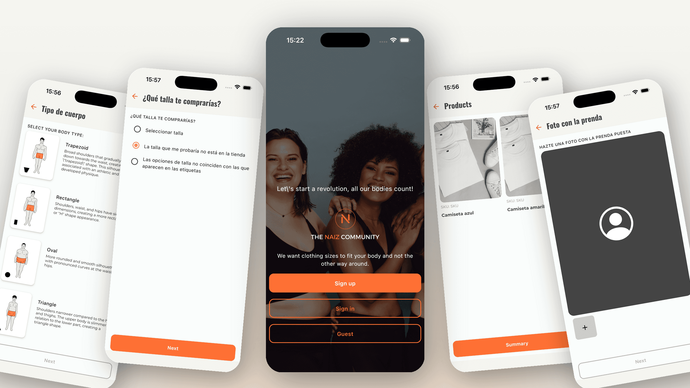 Collage de la Survey App de Naiz Fit: pantallas de bienvenida, tipo de cuerpo, talla, productos y foto con la prenda